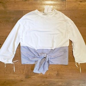 NWT Jersey and Striped Woven Tie Front Top